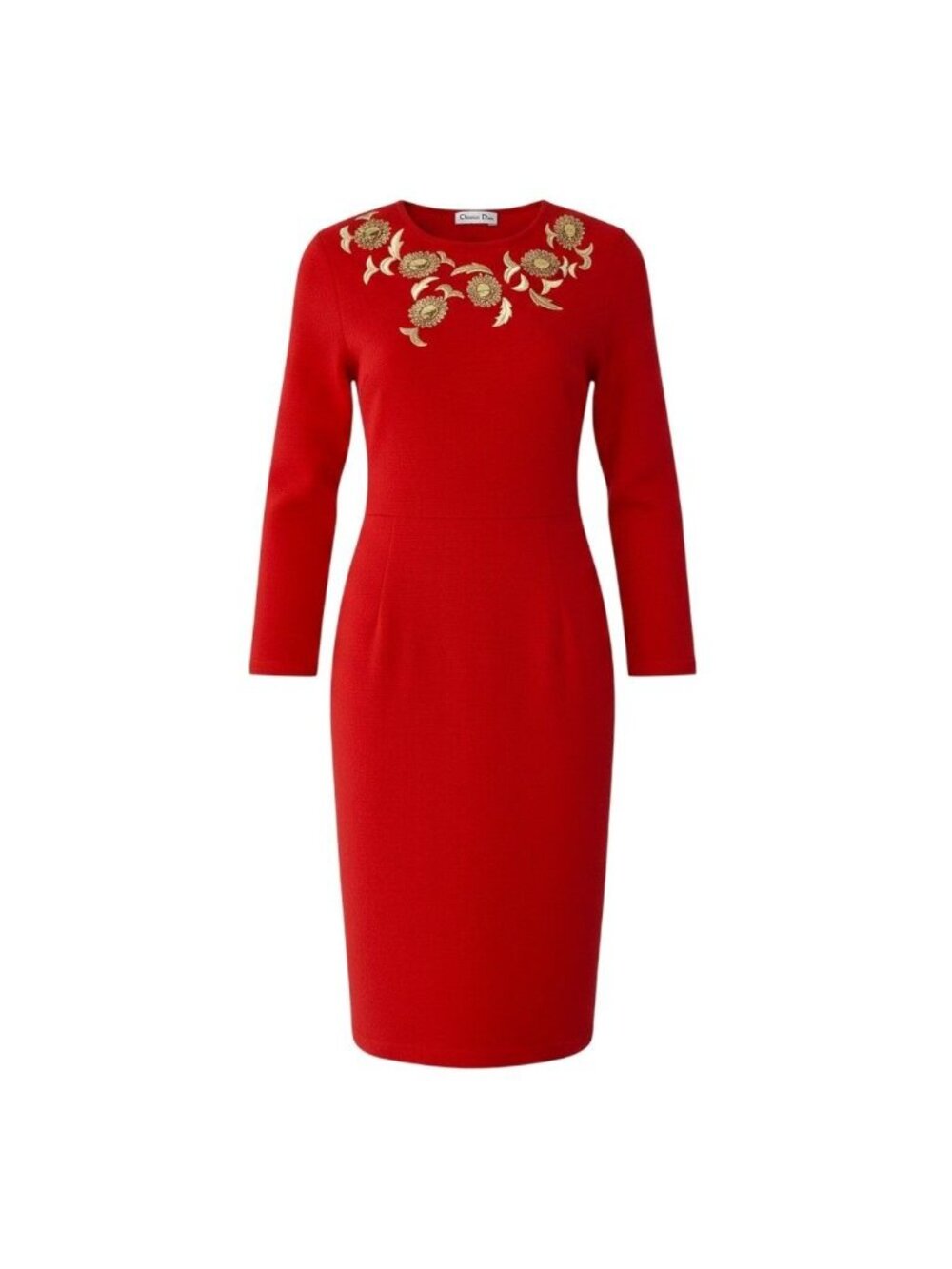 Dior Long Sleeve Knit Dress Gold Embroidery Red Wool M